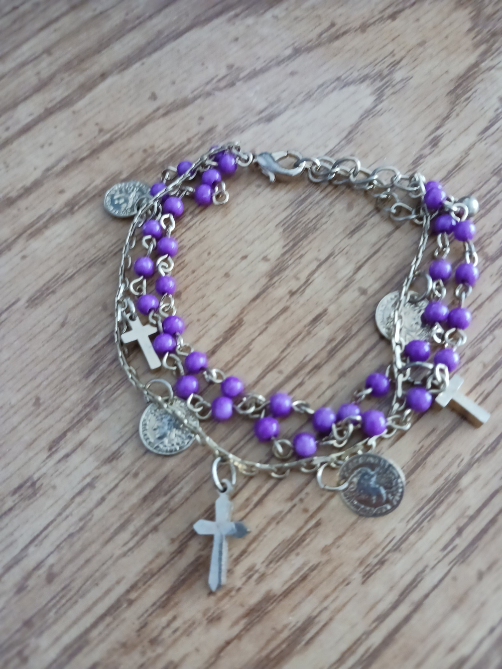Purple Beaded Cross and Coin Charm Bracelet - Women Jewelry